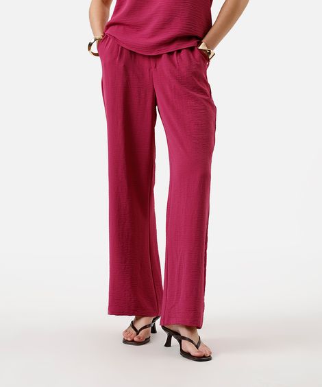 calça wide leg feminina cós elástico texturizada rosa