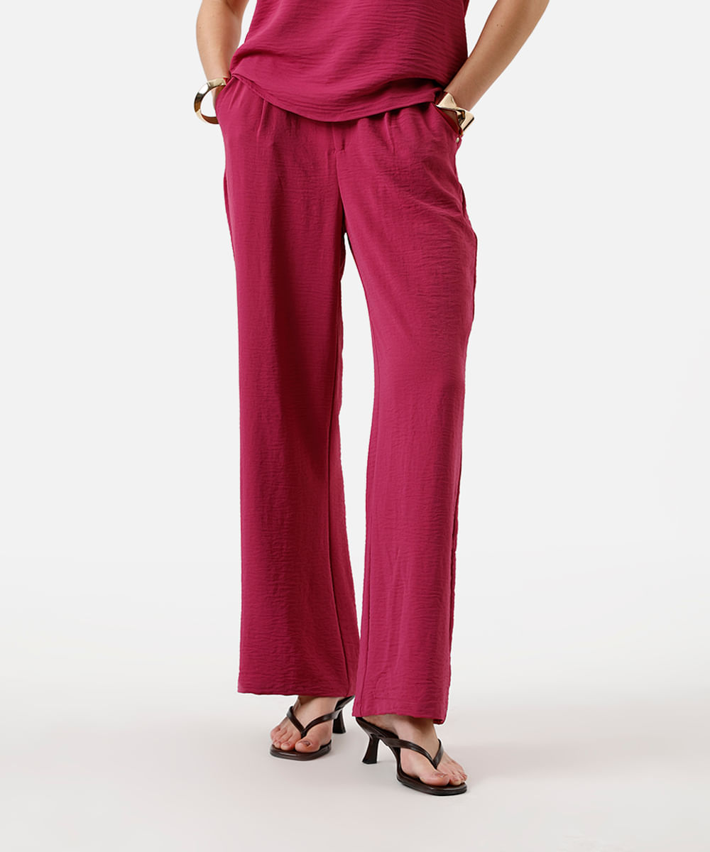 calça wide leg feminina cós elástico texturizada rosa