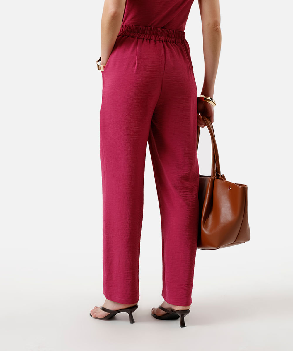 calça wide leg feminina cós elástico texturizada rosa