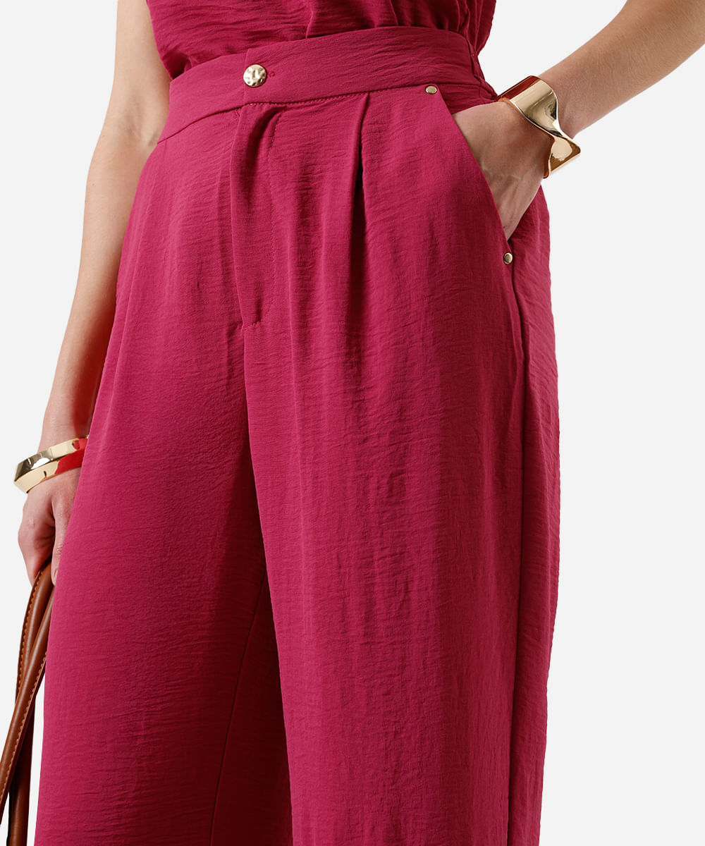 calça wide leg feminina cós elástico texturizada rosa