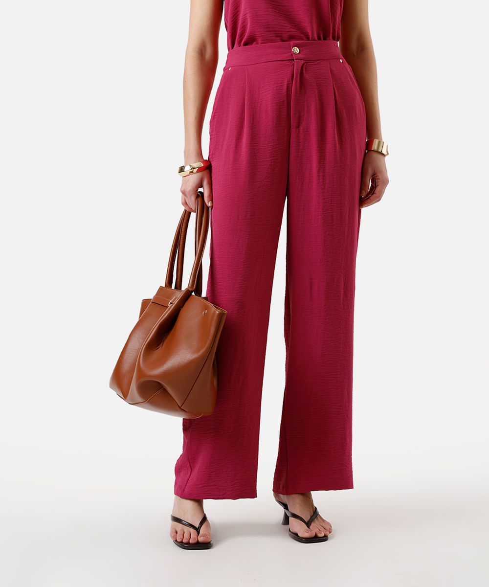 calça wide leg feminina cós elástico texturizada rosa