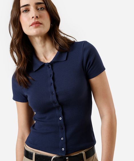 polo feminina básica canelada azul
