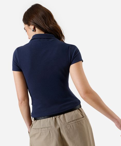 polo feminina básica canelada azul