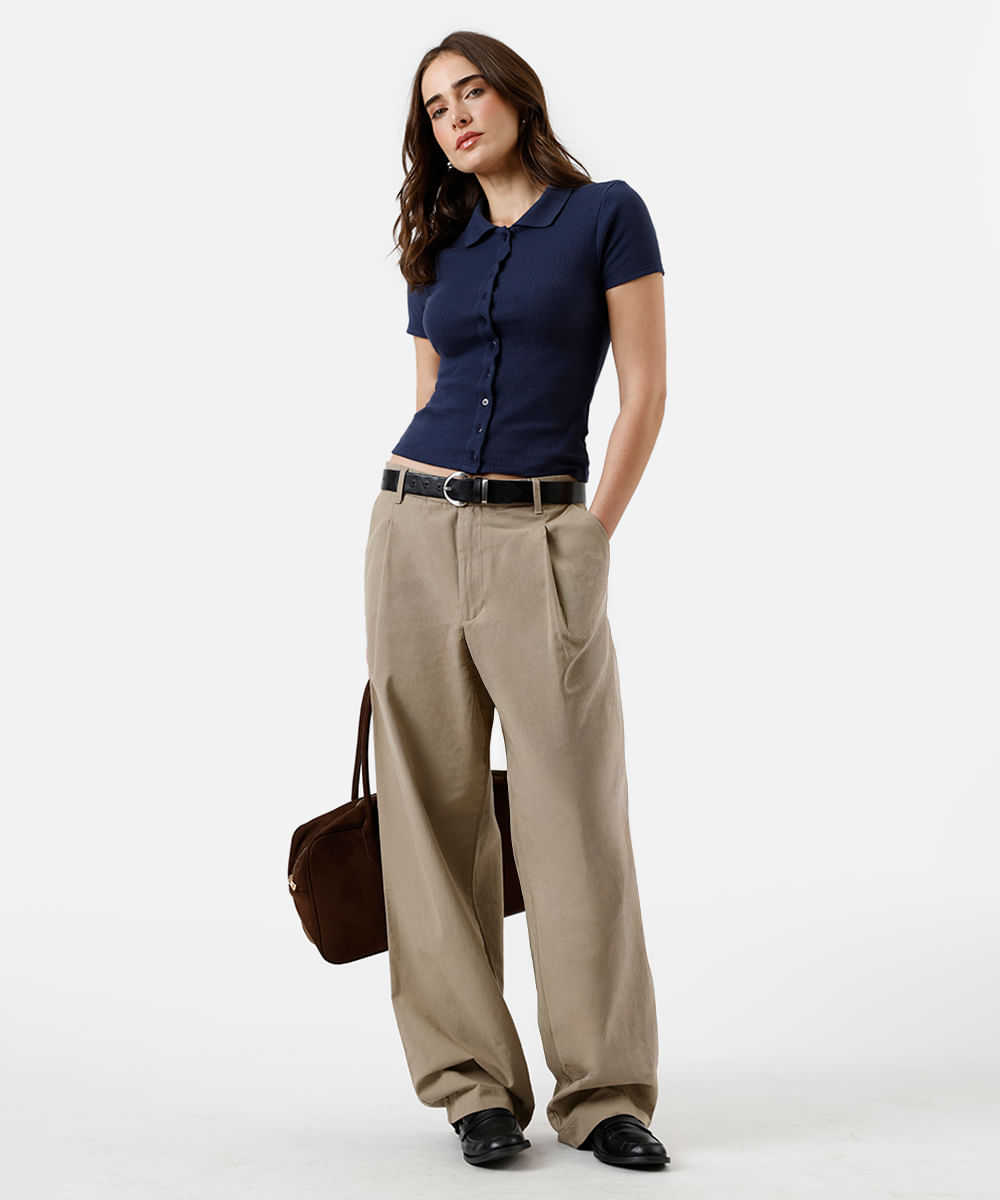 polo feminina básica canelada azul