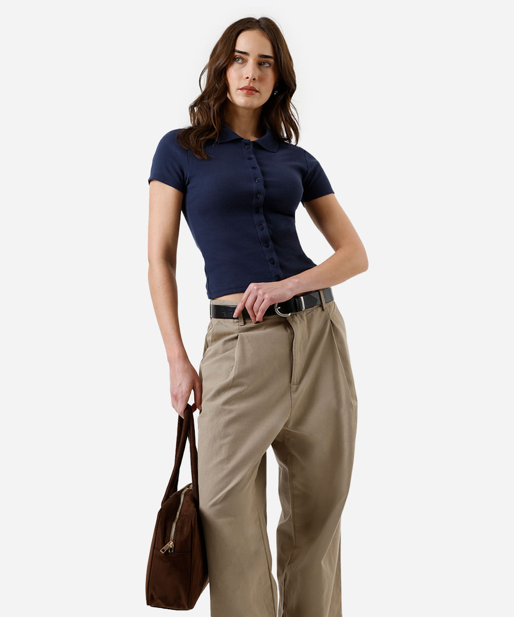 polo feminina básica canelada azul