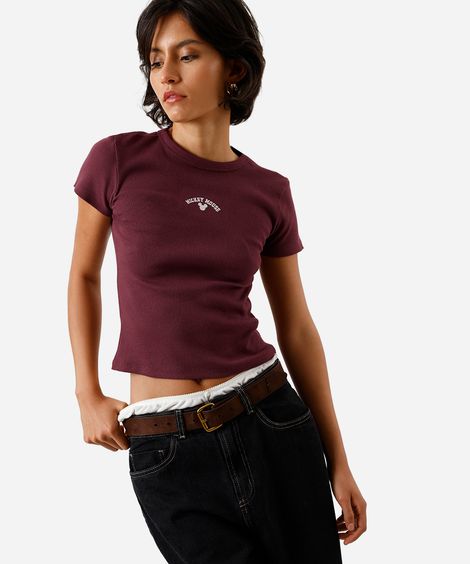 blusa baby look feminina de algodão com bordado mickey vinho