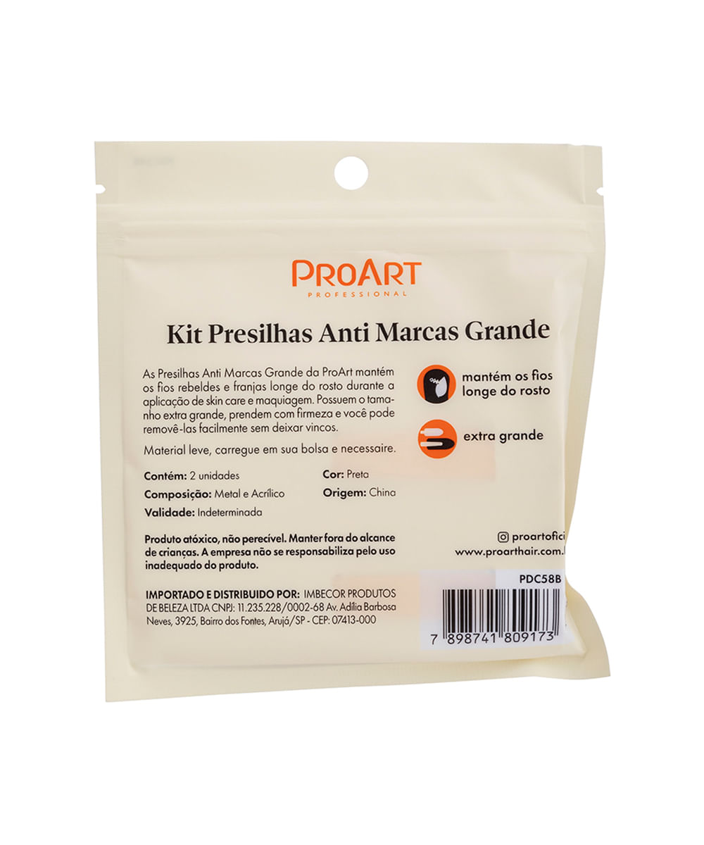 kit de presilhas proart para cabelo anti marcas grande preta