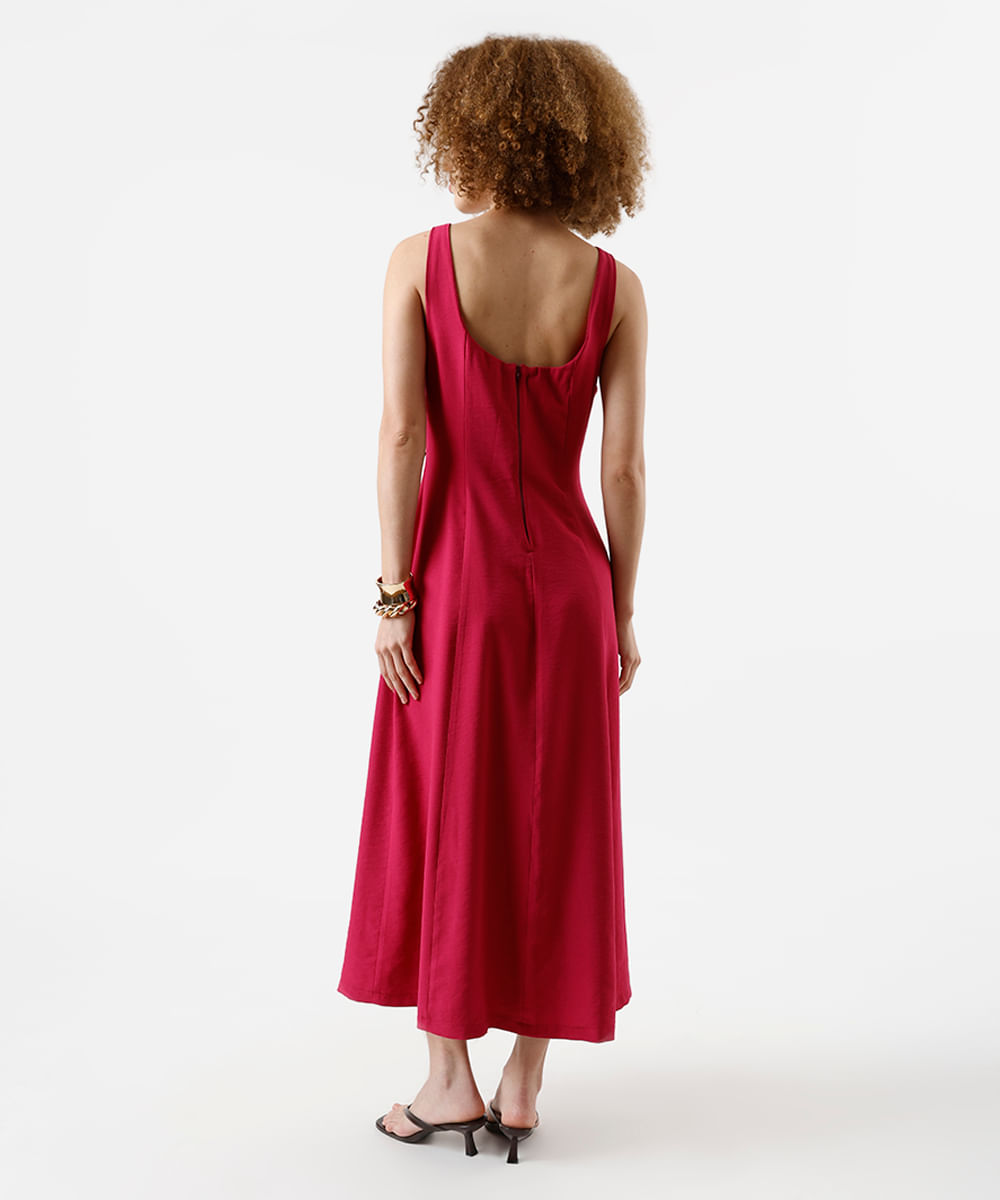vestido midi feminino de viscose evasê com recortes  rosa