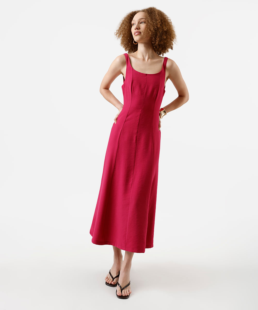 vestido midi feminino de viscose evasê com recortes  rosa