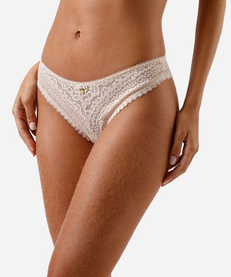 calcinha fio dental de renda floral bege