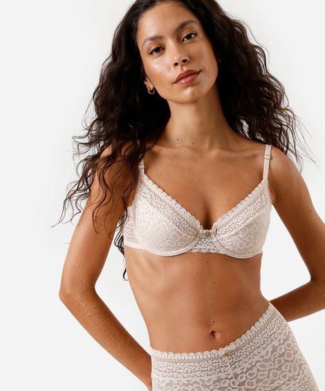 sutiã meia taça de renda floral bege