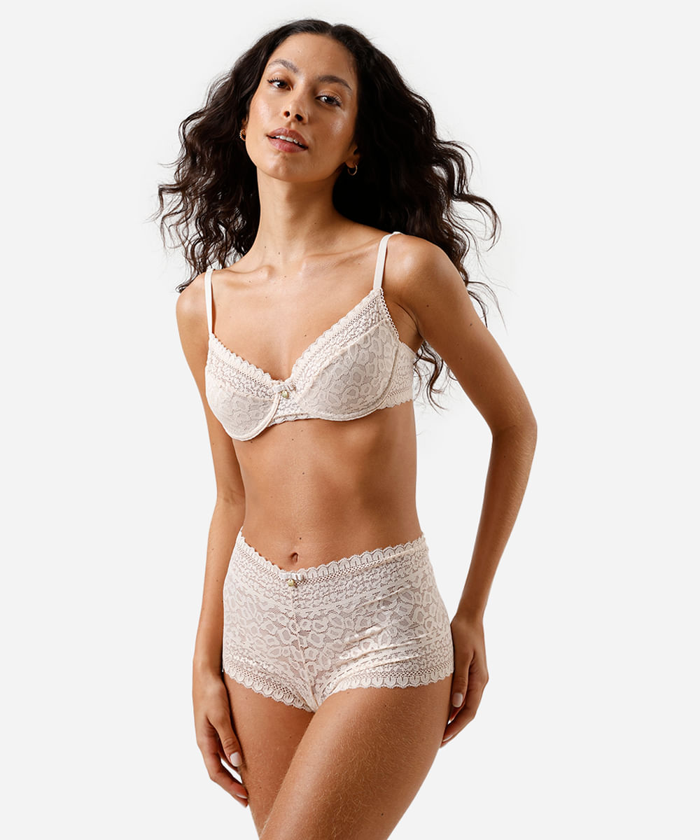 sutiã meia taça de renda floral bege