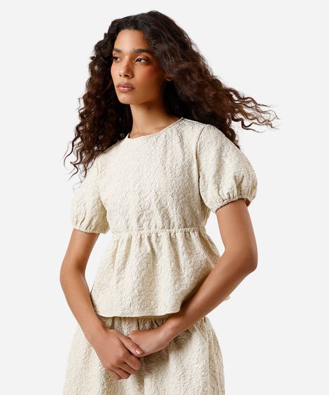 blusa peplum feminina manga bufante texturizada bege