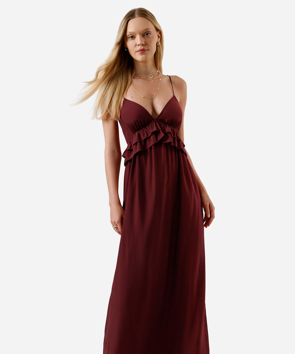 vestido midi feminino alça fina com babados vinho