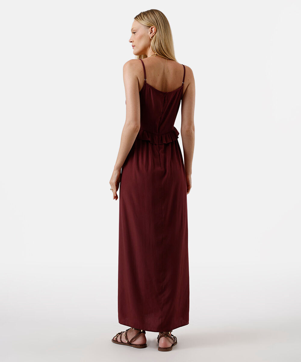 vestido midi feminino alça fina com babados vinho