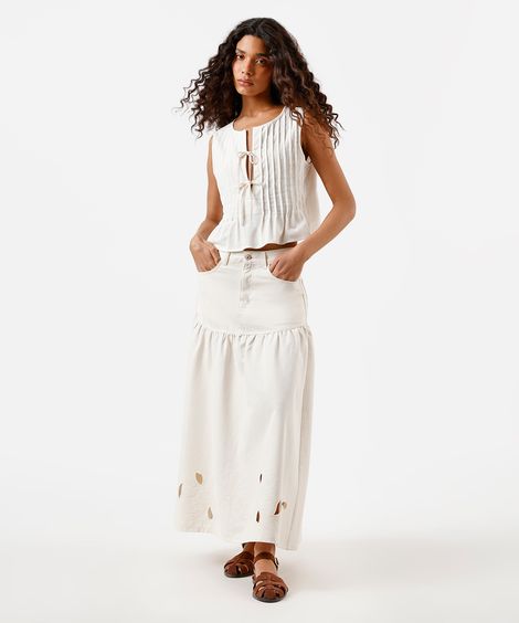 saia midi feminina de sarja com recorte e bordado floral off white