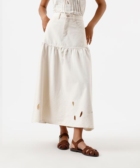 saia midi feminina de sarja com recorte e bordado floral off white