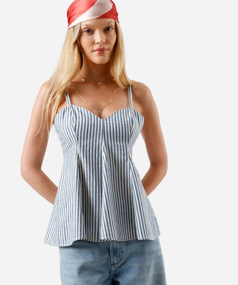 blusa peplum feminina de algodão listrada azul