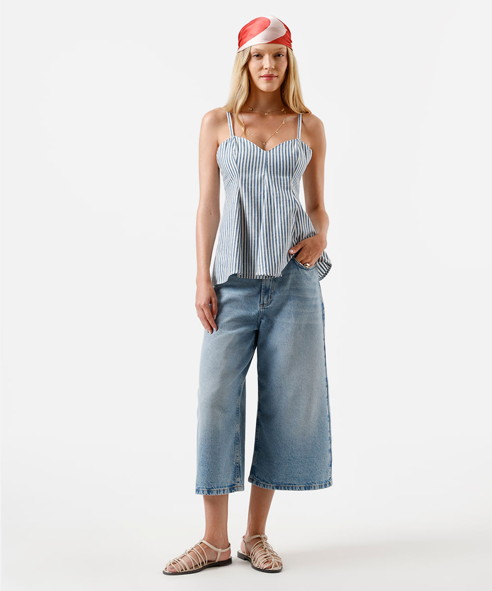 blusa peplum feminina de algodão listrada azul