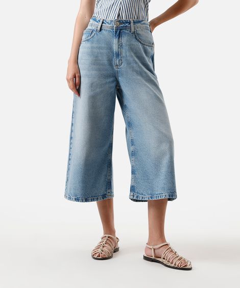 calça pantacourt feminina jeans cintura média azul