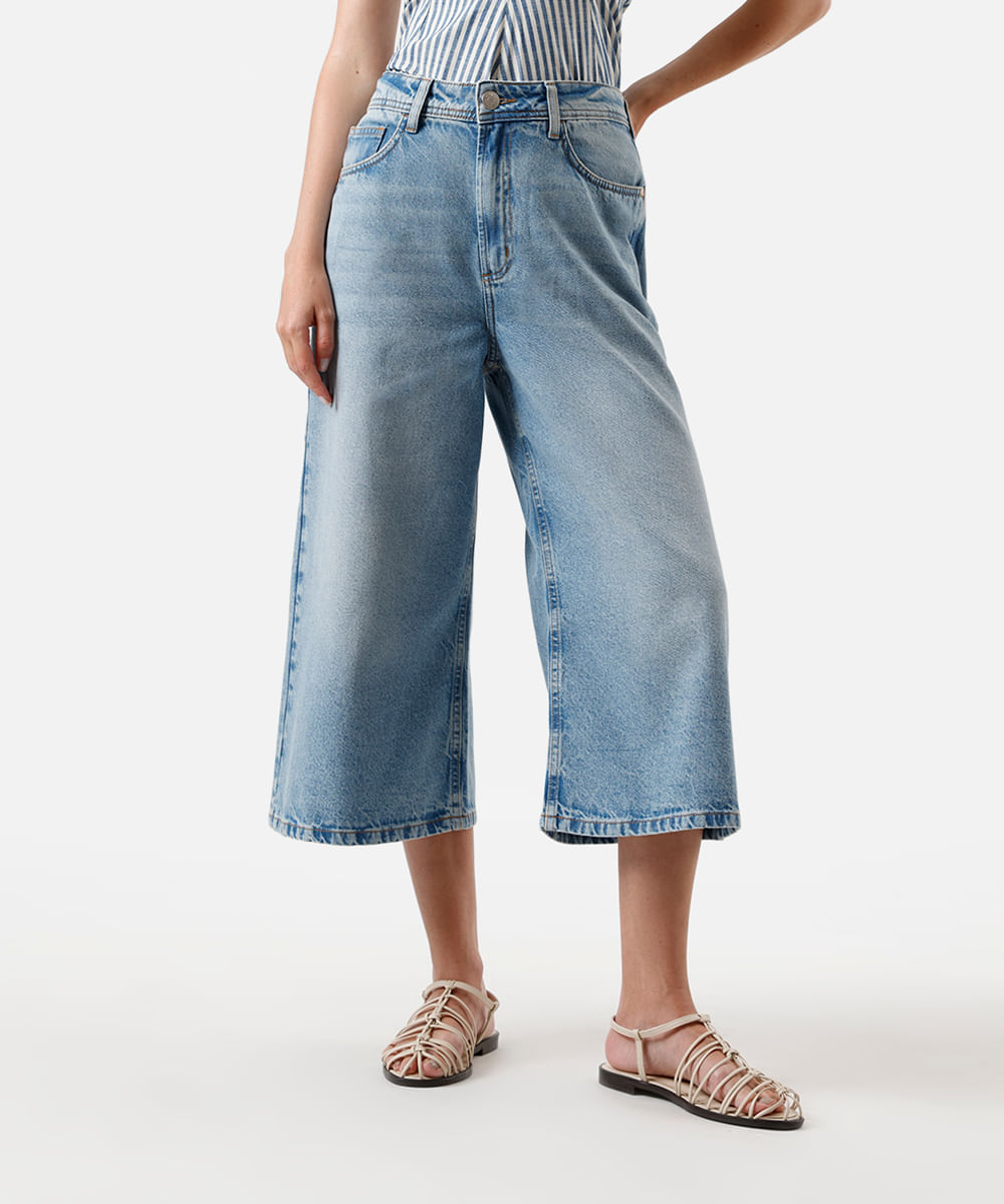 calça pantacourt feminina jeans cintura média azul