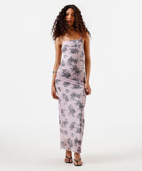 vestido midi feminino de tule alça fina floral franzido rosa
