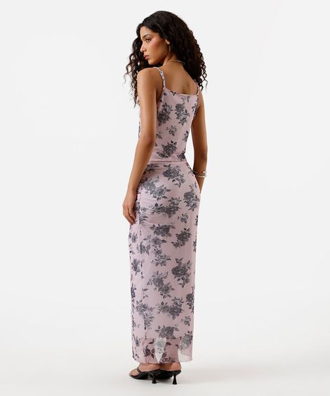 vestido midi feminino de tule alça fina floral franzido rosa