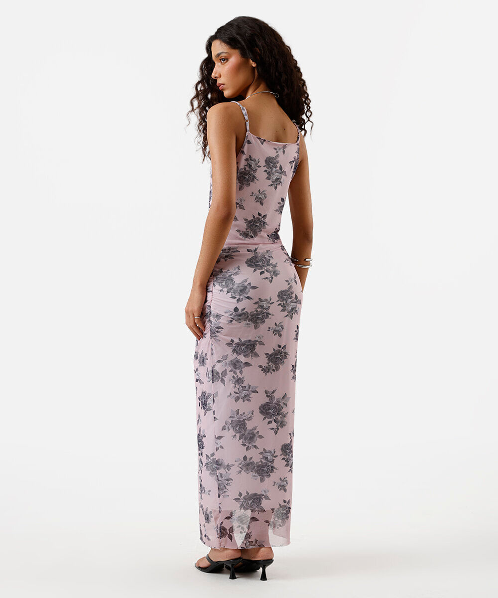 vestido midi feminino de tule alça fina floral franzido rosa