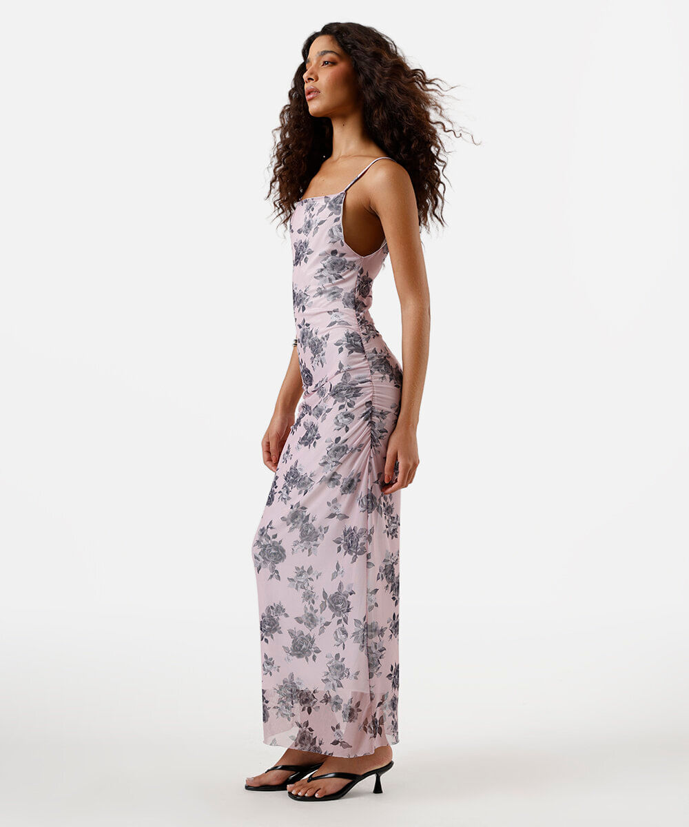 vestido midi feminino de tule alça fina floral franzido rosa