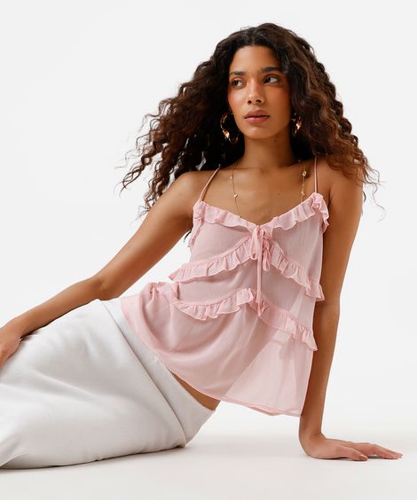 blusa feminina alça fina com babados texturizada rosa