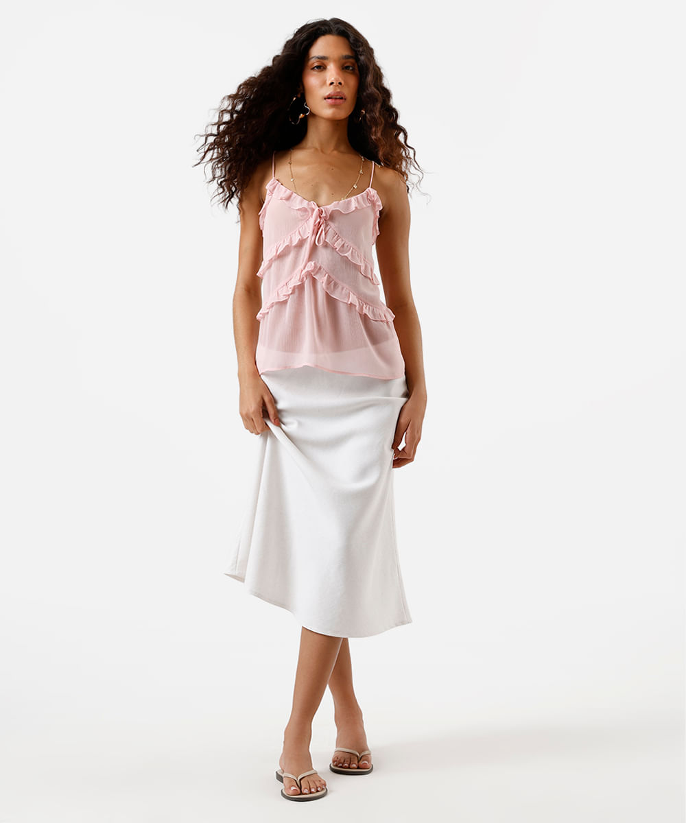 blusa feminina alça fina com babados texturizada rosa