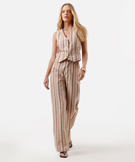 calça wide leg slim feminina de sarja cintura alta listrada rosa