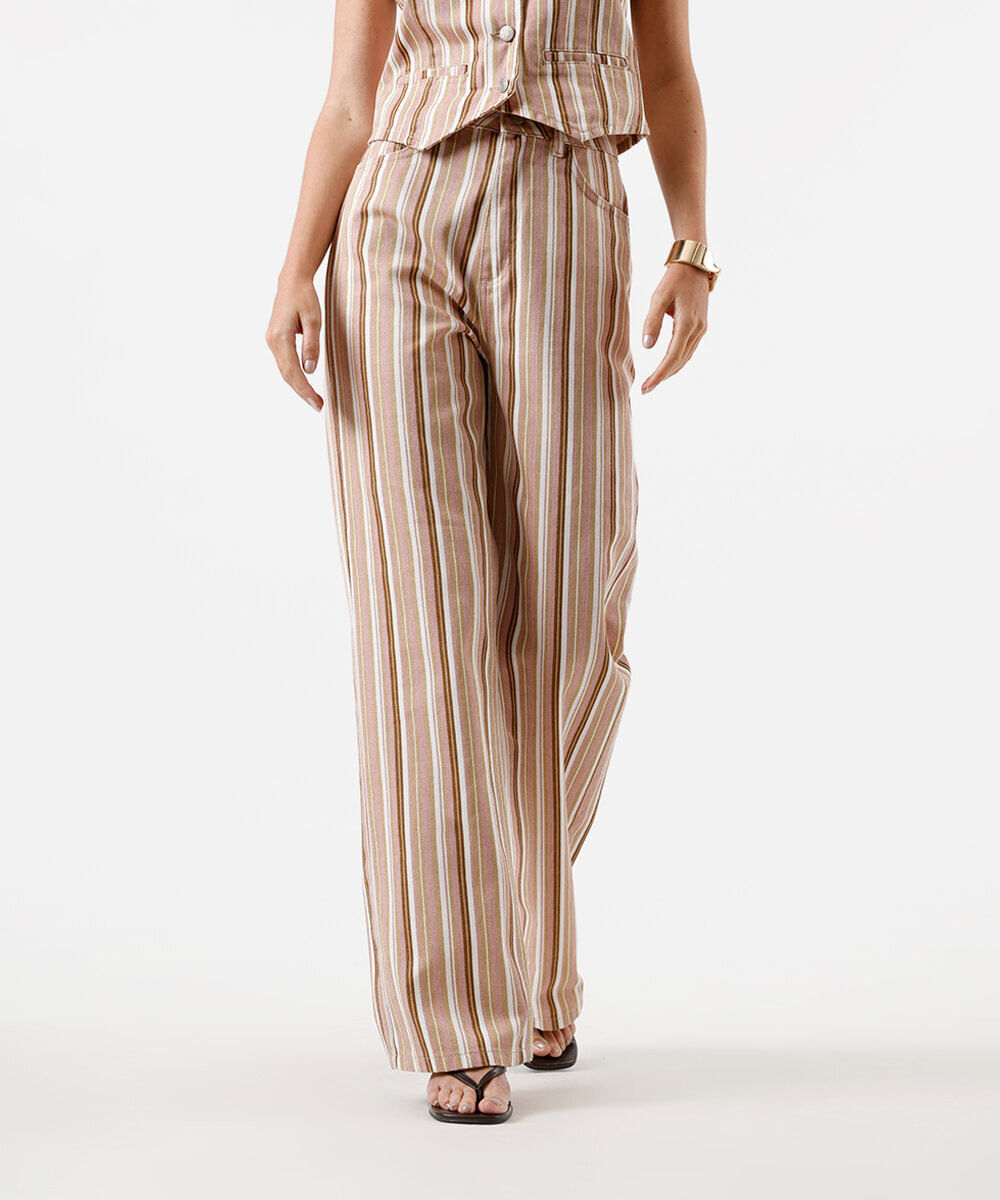 calça wide leg slim feminina de sarja cintura alta listrada rosa
