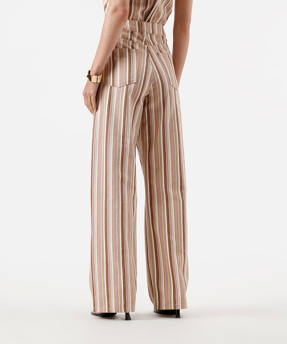 calça wide leg slim feminina de sarja cintura alta listrada rosa