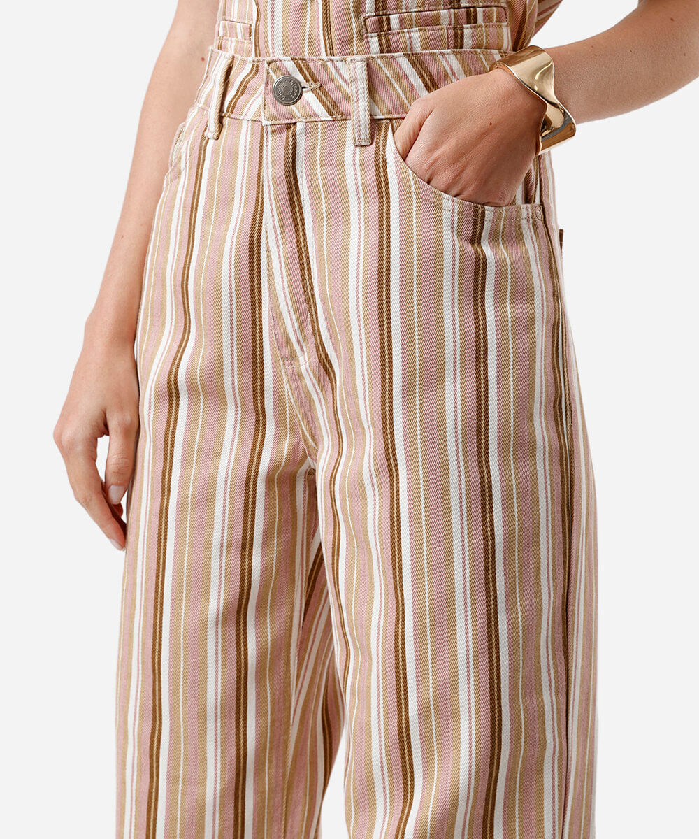 calça wide leg slim feminina de sarja cintura alta listrada rosa