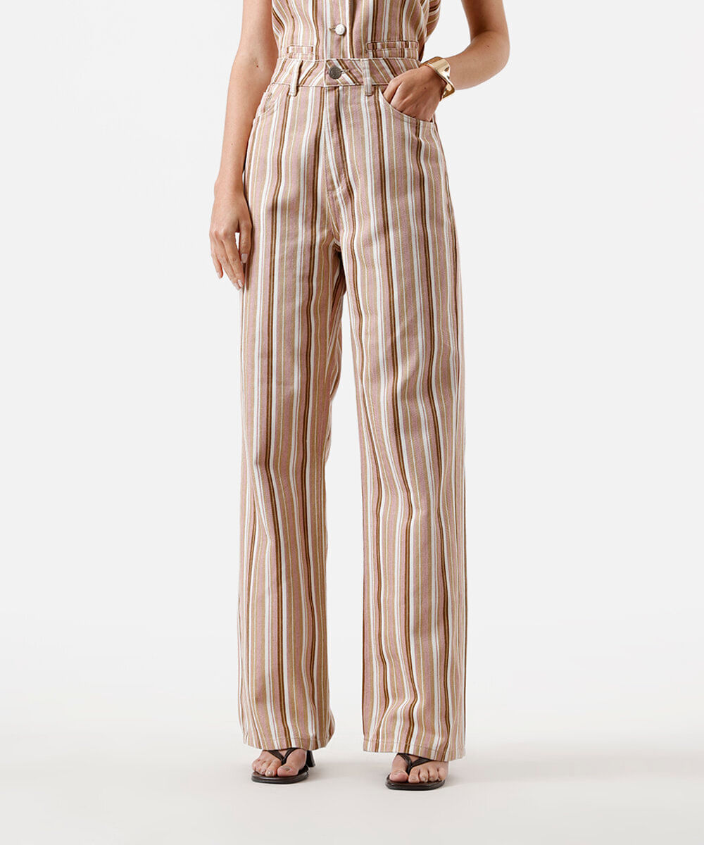 calça wide leg slim feminina de sarja cintura alta listrada rosa