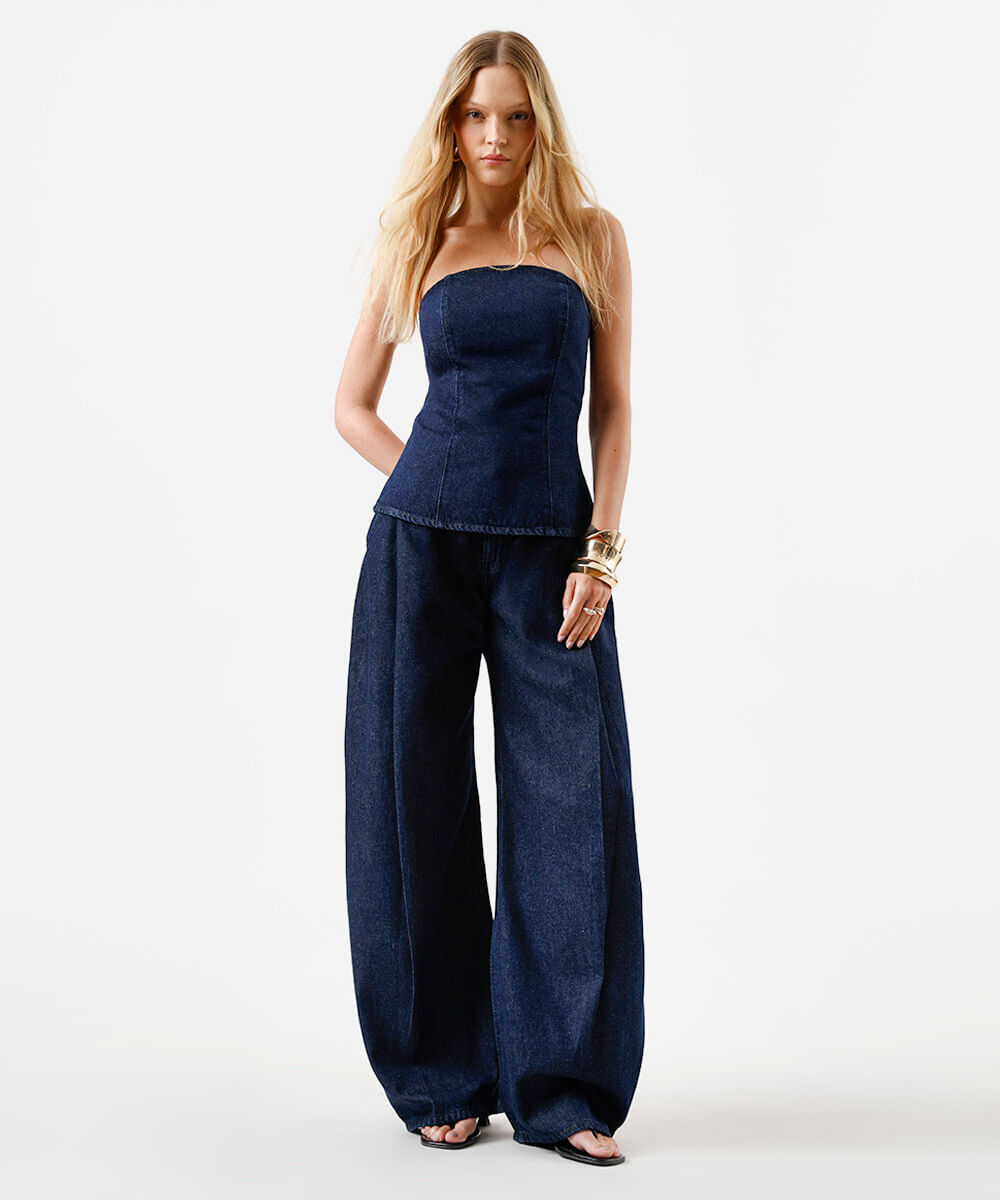 calça balloon feminina jeans com pregas azul