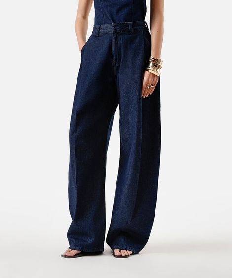 calça balloon feminina jeans com pregas azul