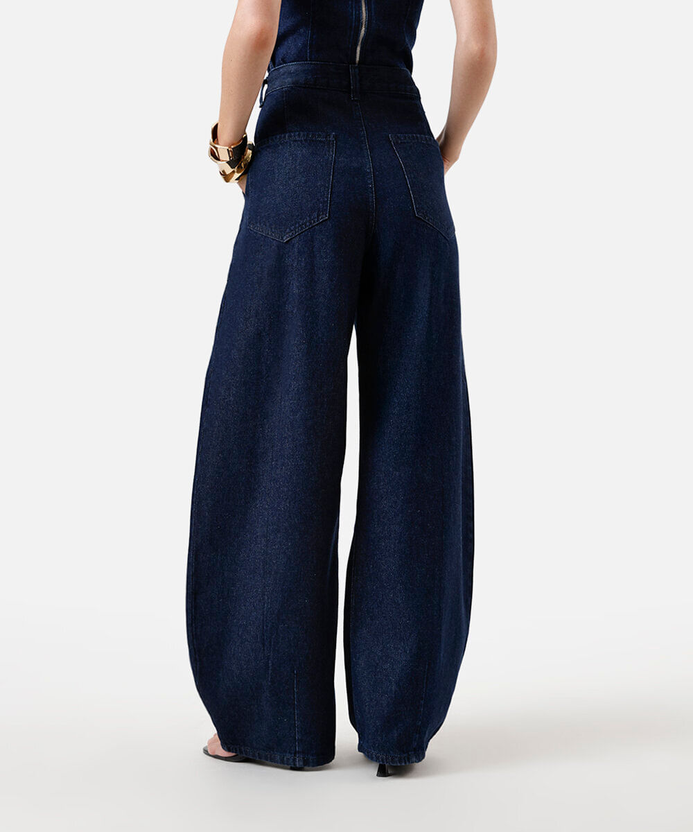 calça balloon feminina jeans com pregas azul