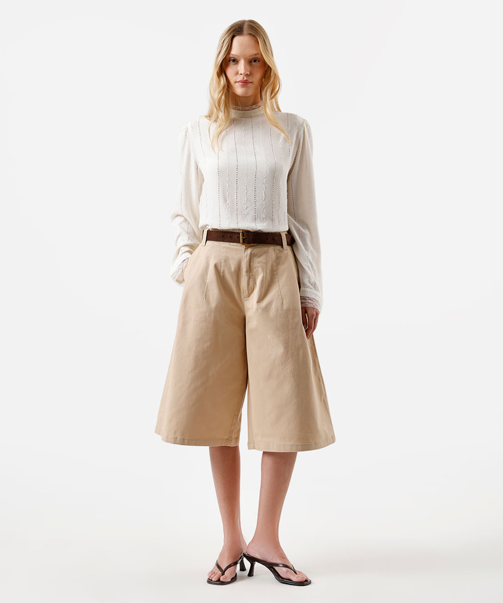 blusa feminina de viscose bordada com renda bege