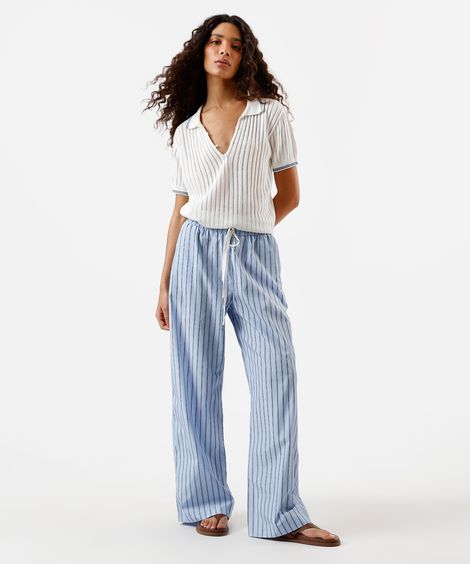 calça estilo pijama feminina com algodão listrada azul