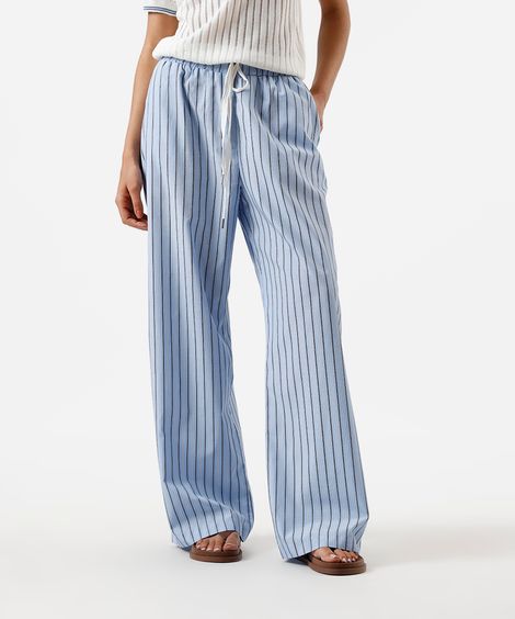 calça estilo pijama feminina com algodão listrada azul
