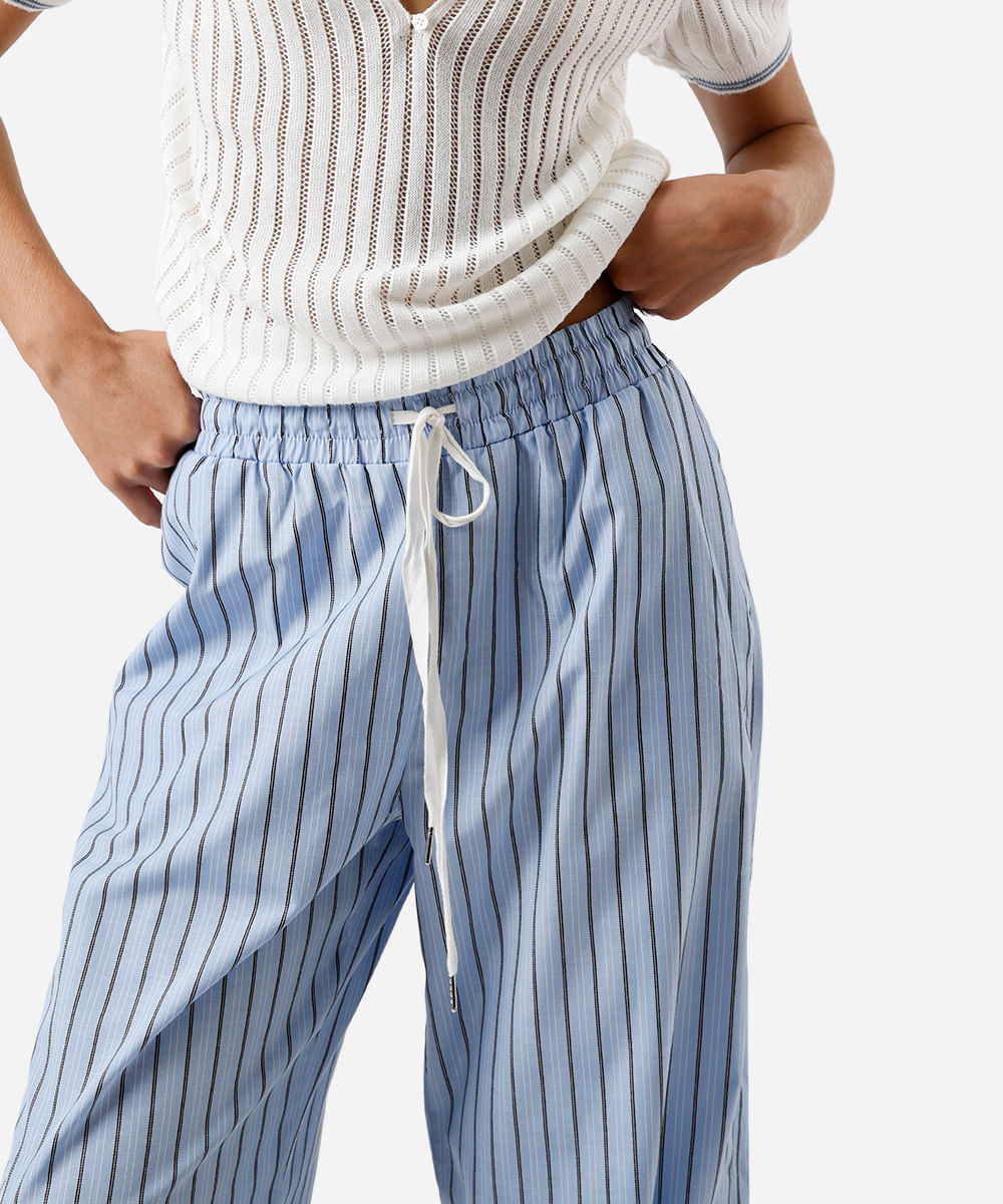 calça estilo pijama feminina com algodão listrada azul