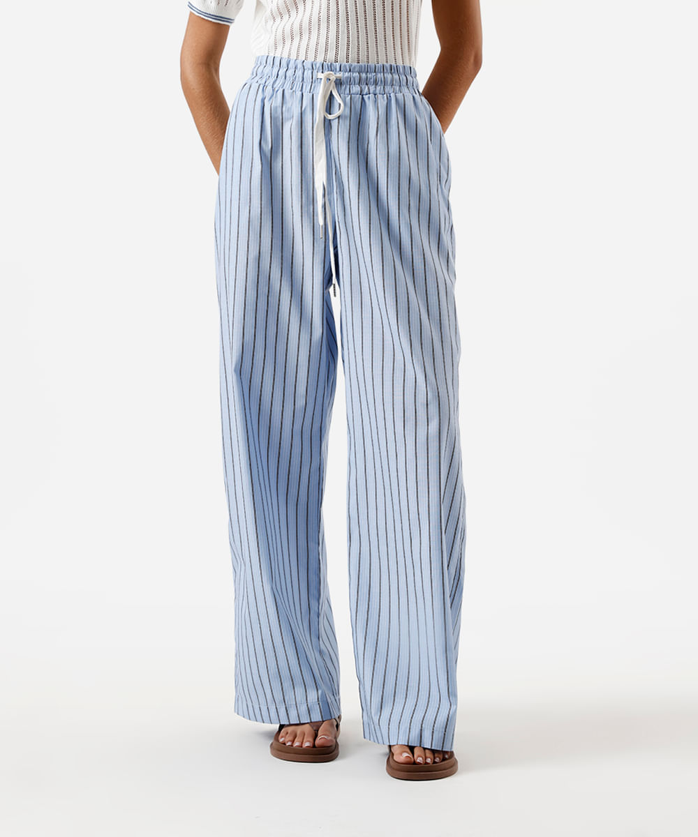 calça estilo pijama feminina com algodão listrada azul