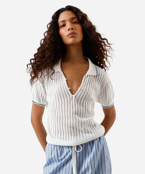 polo feminina de tricot manga curta off white