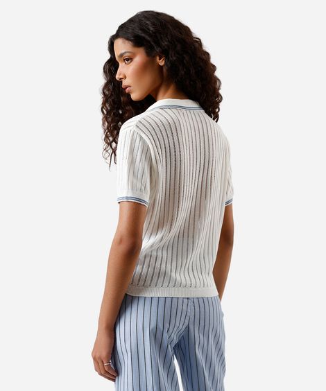 polo feminina de tricot manga curta off white