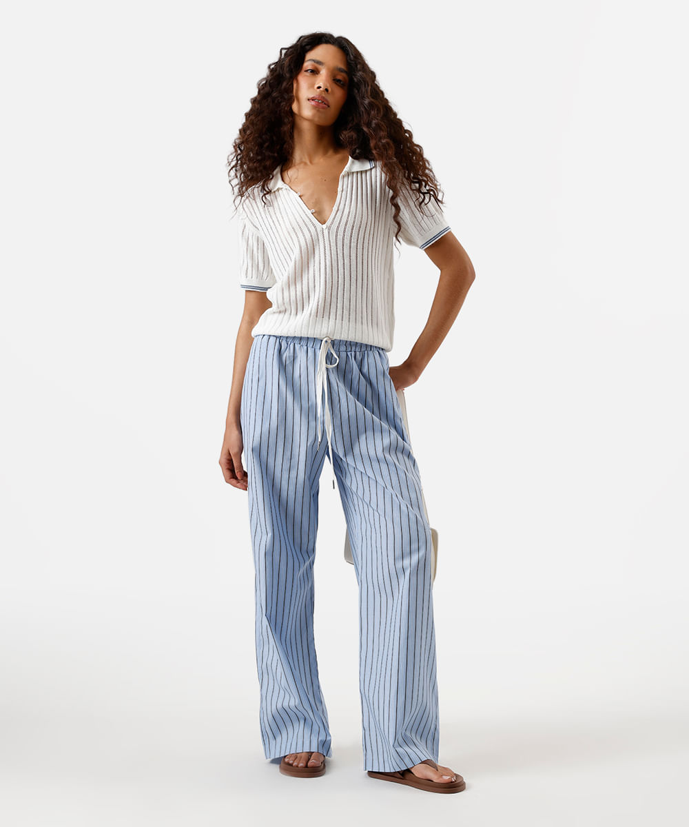polo feminina de tricot manga curta off white