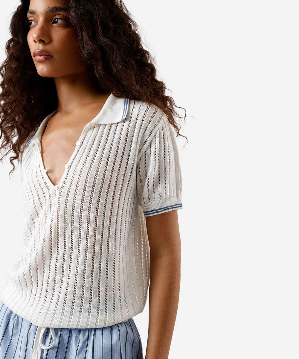 polo feminina de tricot manga curta off white