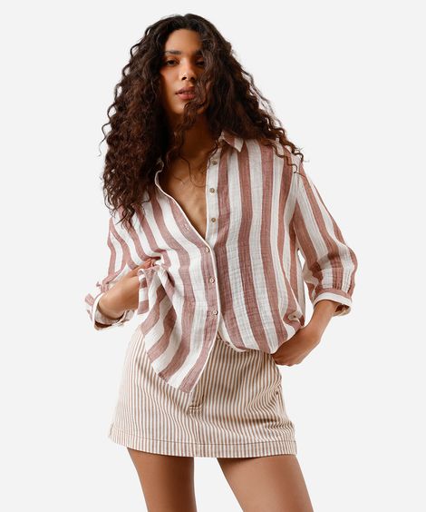 camisa feminina de algodão listrada texturizada marrom