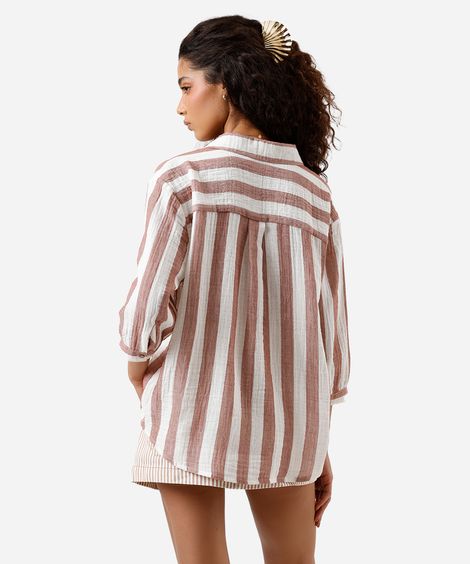 camisa feminina de algodão listrada texturizada marrom